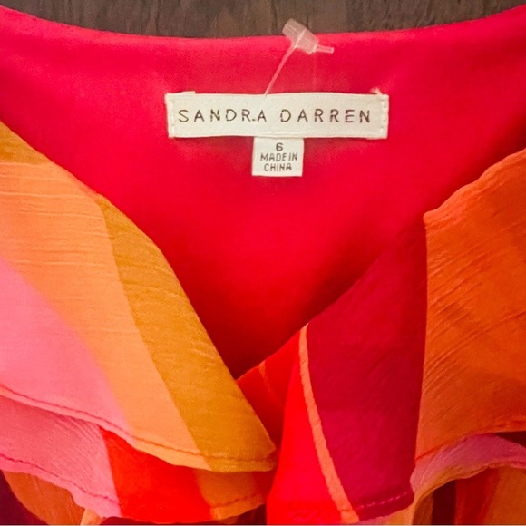 Sandra Darren Pink Orange Floral Ruffle Maxi Dress Cold Shoulder Size 6 - Picture 6 of 9